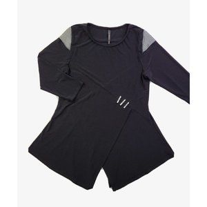 IC Connie K Women's S Black Tunic Silver Faux Clips 3/4 Sleeves Mesh Lagenlook